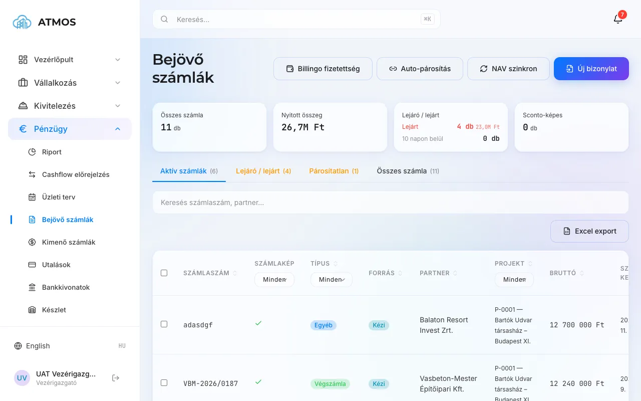Bejövő számlák listája NAV-szinkronnal, párosítással és a lejárt tételek összegével.